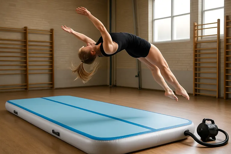 Veilig en krachtig tumbling trainen op een opblaasbare turnmat voor thuis en in de zaal